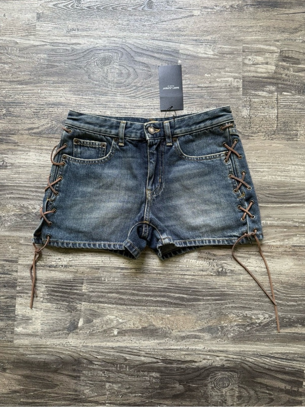 NWT - Saint Laurent Paris Leather Lace-Up Denim Short